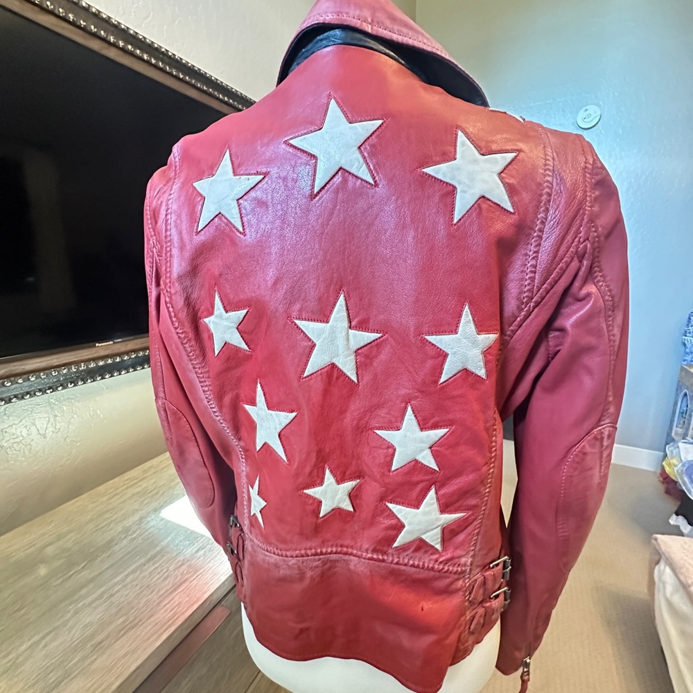 MAURITIUS Christy Red Leather Biker Jacket w stars. Size L fits Medium. NEW!